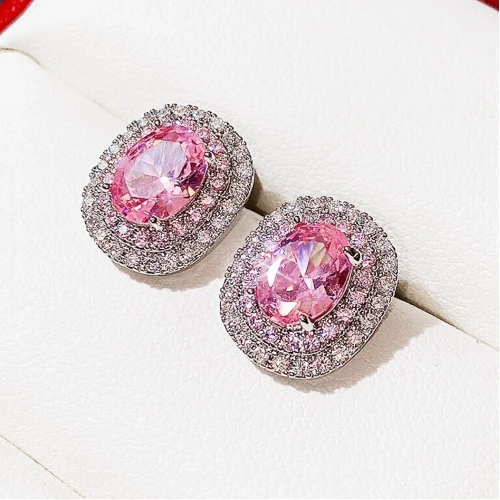 Pink Oval CZ Halo Stud Earrings Silver Tone Glam Statement Earrings